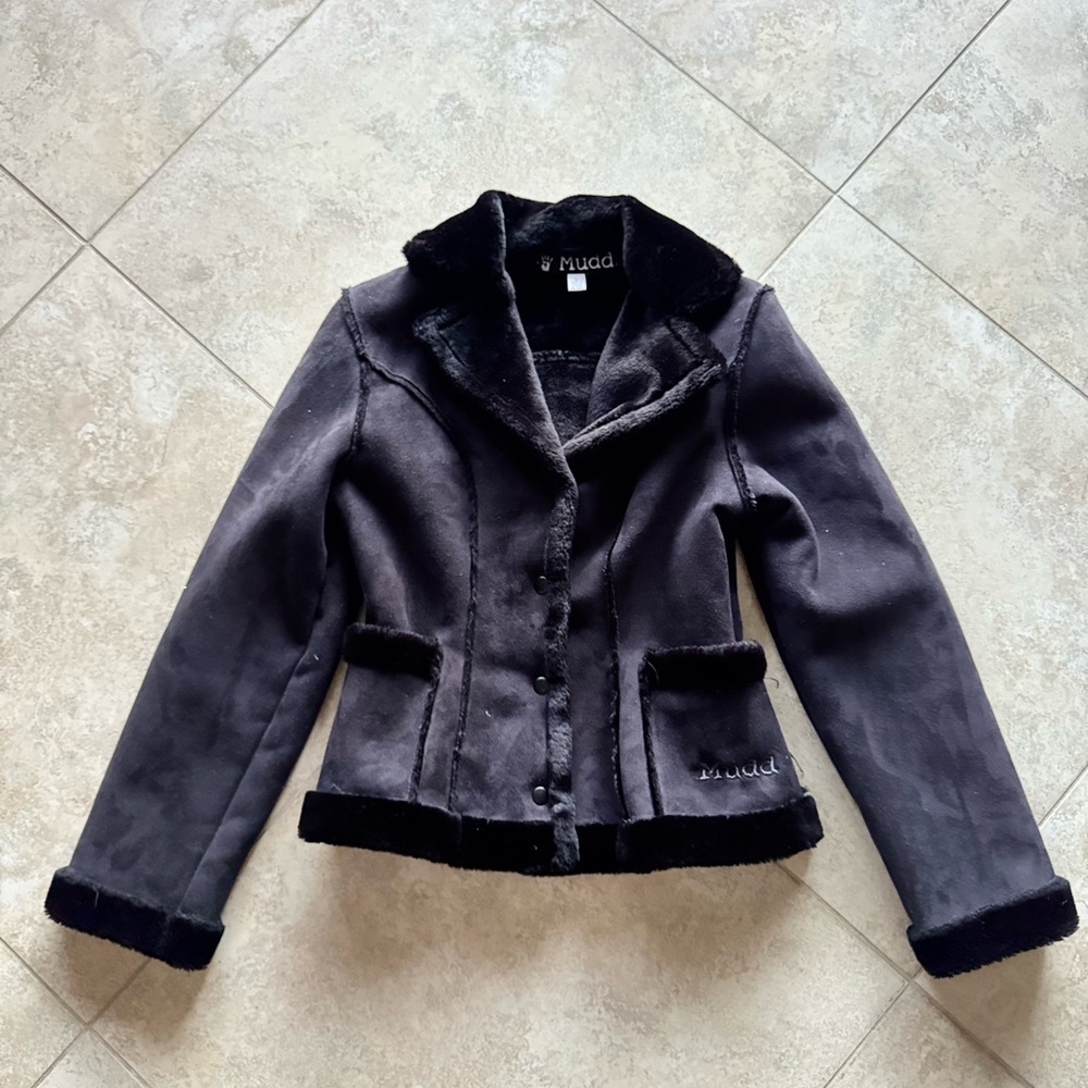 Vintage Mudd Jacket Faux Fur Lined Suede Y2K Black Button Up Retro Women Sz S